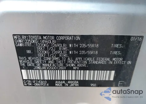 2016 Toyota Rav4 Hybrid Limited z USA, uszkodzony, nr VIN JTMDJREV2GD012869